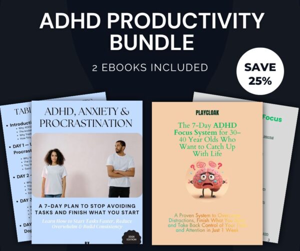 ADHD Productivity Bundle - 2 Ebooks : 7 Day ADHD Focus System Ebook and ADHD, Anxiety & Procrastination Ebook