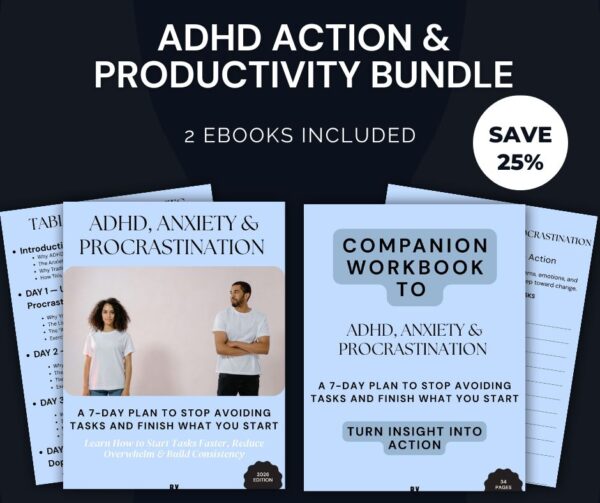ADHD Action & Productivity Bundle -  2 Ebooks : ADHD, Anxiety & Procrastination Ebook and ADHD Companion Workbook